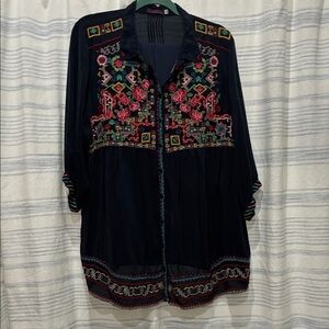 Johnny Was Navy Blouse with Multicolor Embroidery